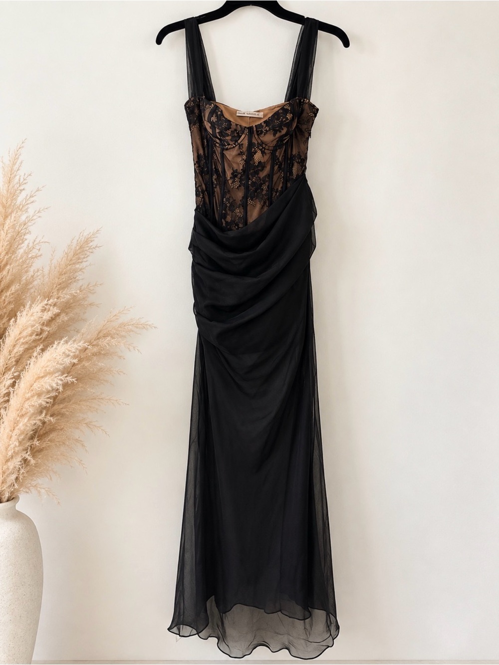 House of CB - Black Lace-Trim Sheer Evening Gown